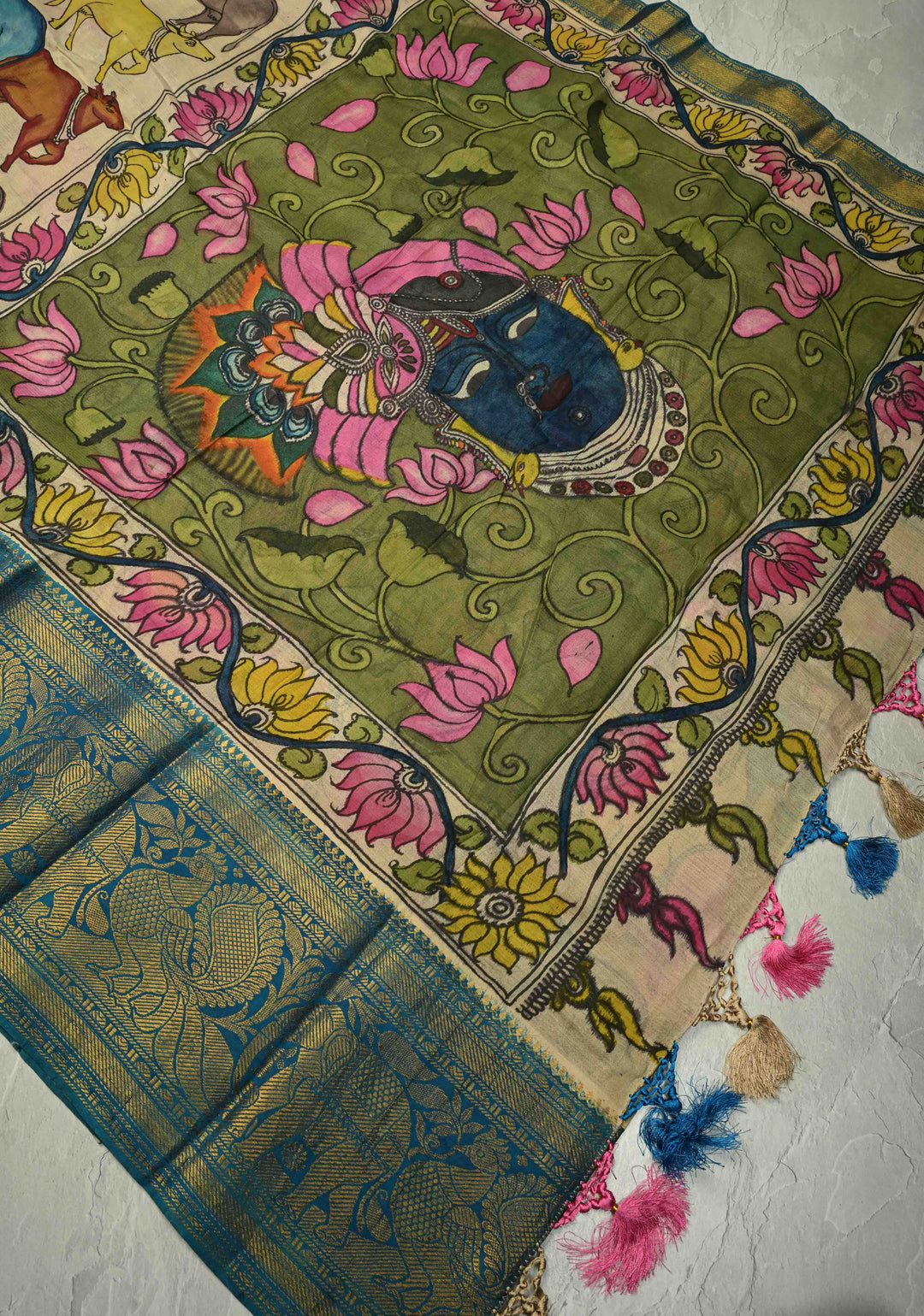 Nandi and Shrinath Ji Theme: Beige Authentic Pen kalamkari on Pure Mulberry Silk Saree With Wide Zari Border | SILK MARK CERTIFIED