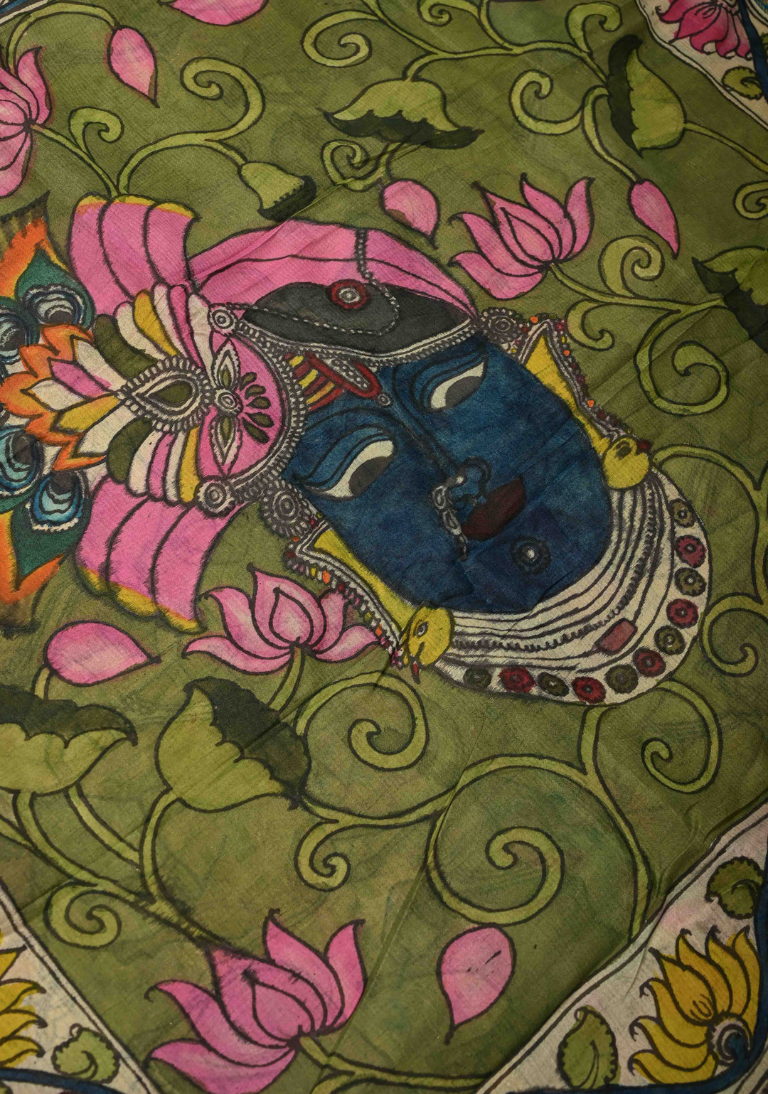 Nandi and Shrinath Ji Theme: Beige Authentic Pen kalamkari on Pure Mulberry Silk Saree With Wide Zari Border | SILK MARK CERTIFIED