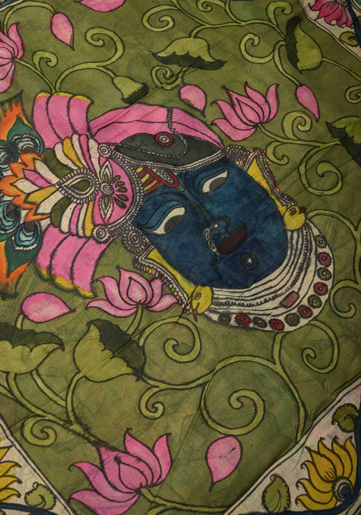 Nandi and Shrinath Ji Theme: Beige Authentic Pen kalamkari on Pure Mulberry Silk Saree With Wide Zari Border | SILK MARK CERTIFIED