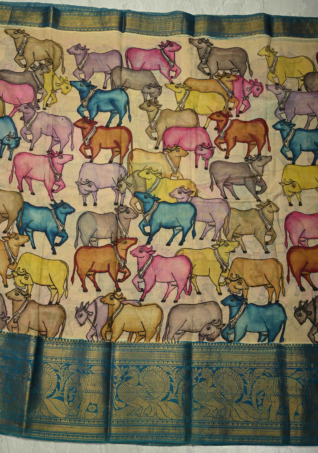 Nandi and Shrinath Ji Theme: Beige Authentic Pen kalamkari on Pure Mulberry Silk Saree With Wide Zari Border | SILK MARK CERTIFIED