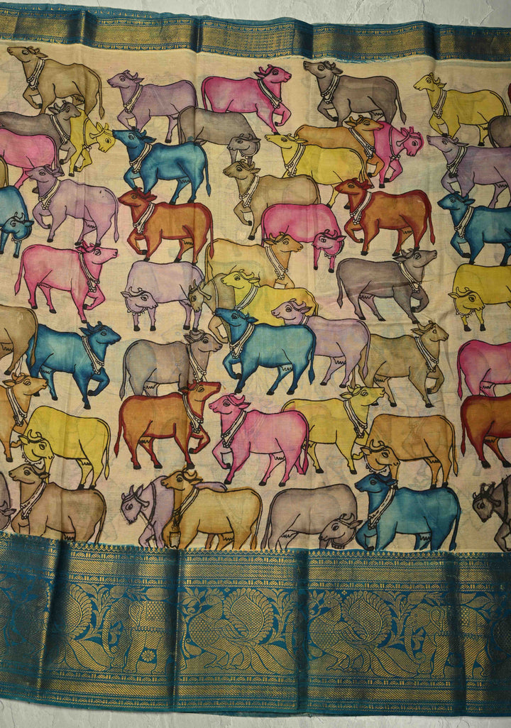 Nandi and Shrinath Ji Theme: Beige Authentic Pen kalamkari on Pure Mulberry Silk Saree With Wide Zari Border | SILK MARK CERTIFIED