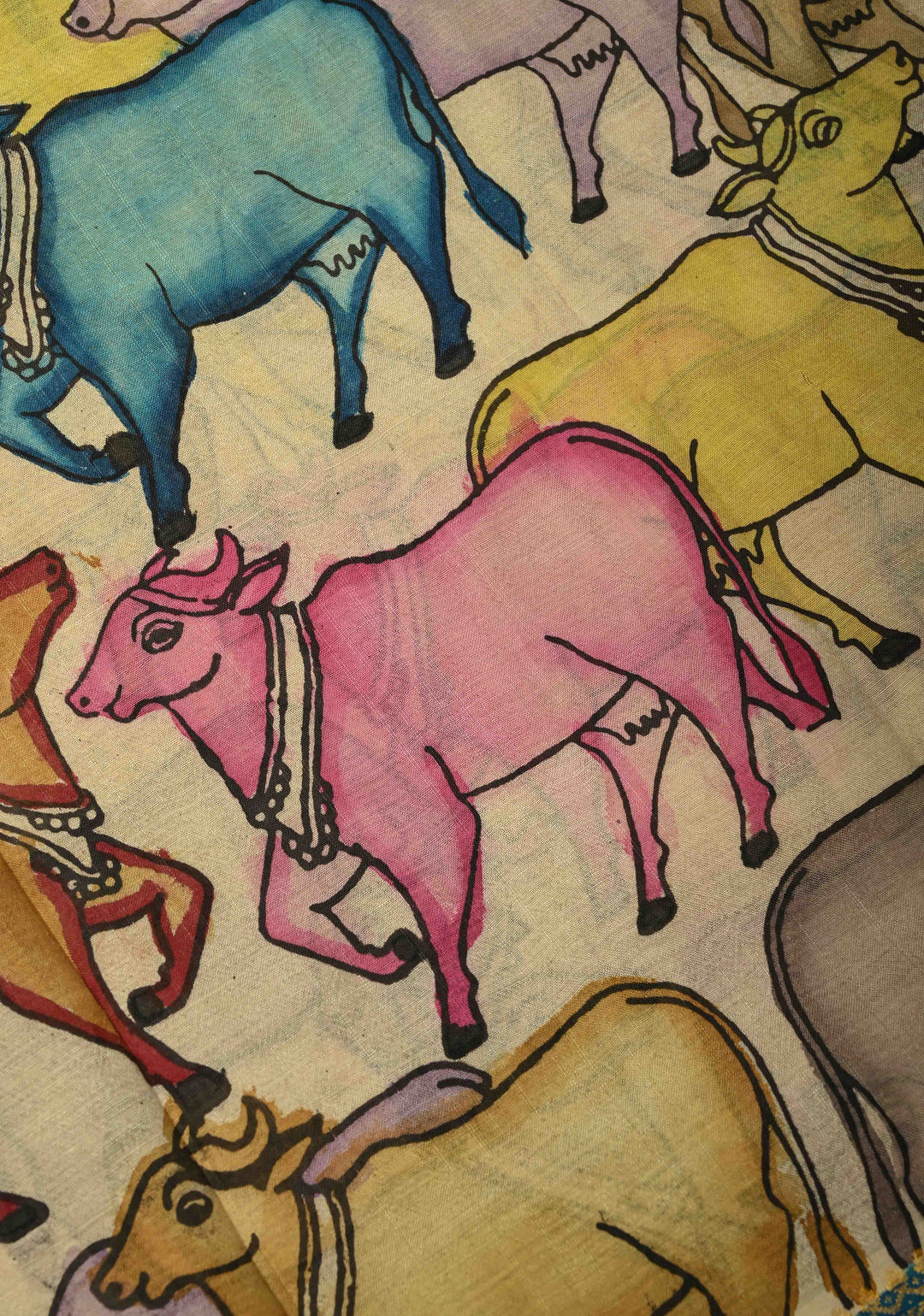 Nandi and Shrinath Ji Theme: Beige Authentic Pen kalamkari on Pure Mulberry Silk Saree With Wide Zari Border | SILK MARK CERTIFIED