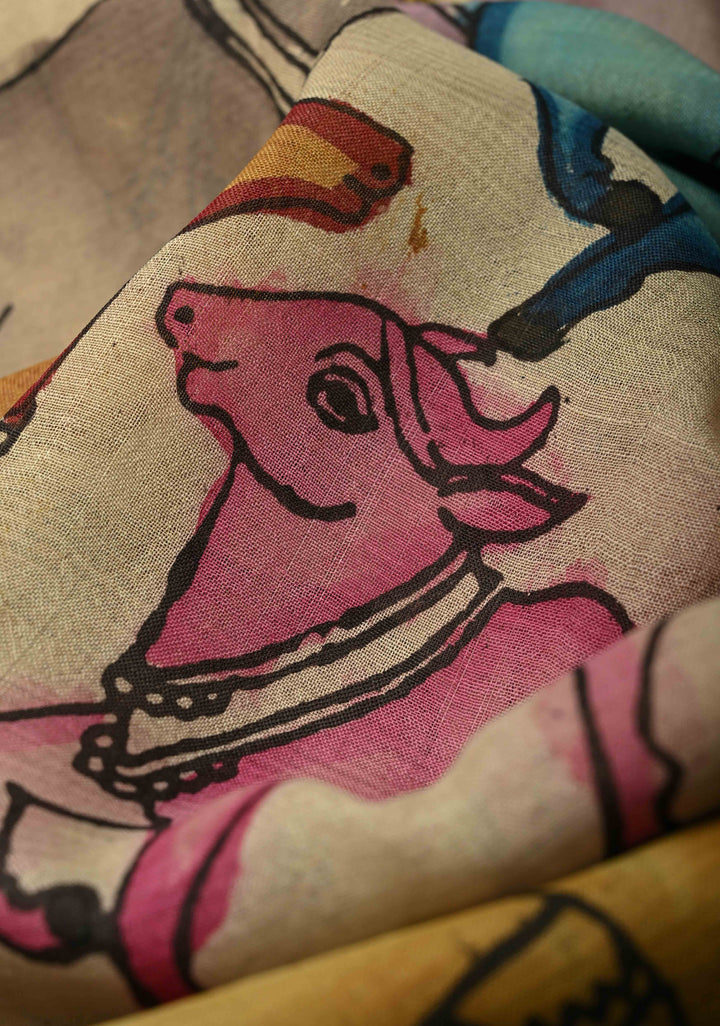 Nandi and Shrinath Ji Theme: Beige Authentic Pen kalamkari on Pure Mulberry Silk Saree With Wide Zari Border | SILK MARK CERTIFIED