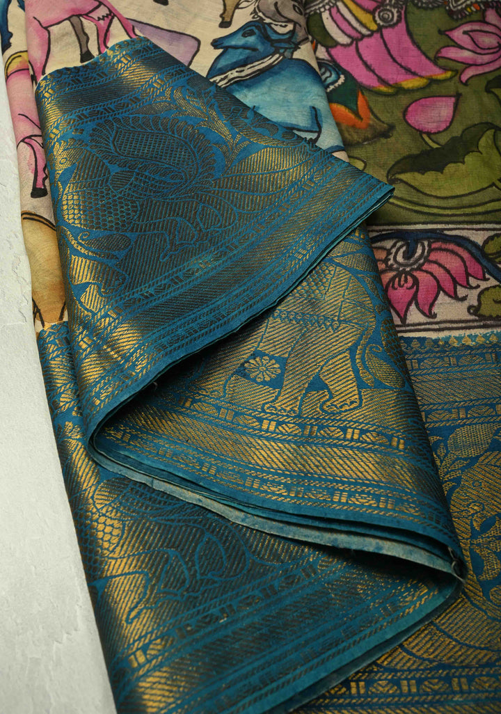 Nandi and Shrinath Ji Theme: Beige Authentic Pen kalamkari on Pure Mulberry Silk Saree With Wide Zari Border | SILK MARK CERTIFIED