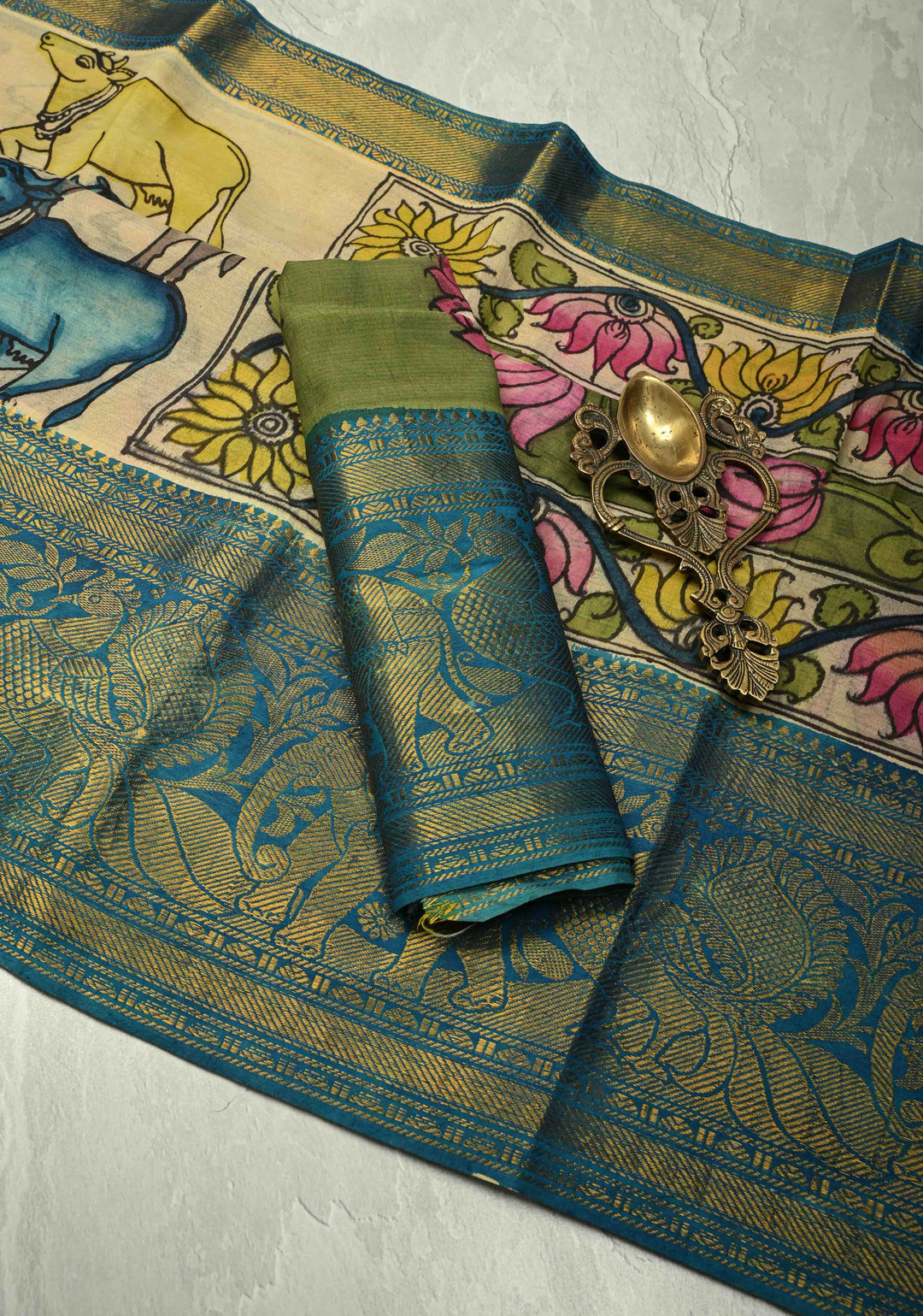 Nandi and Shrinath Ji Theme: Beige Authentic Pen kalamkari on Pure Mulberry Silk Saree With Wide Zari Border | SILK MARK CERTIFIED