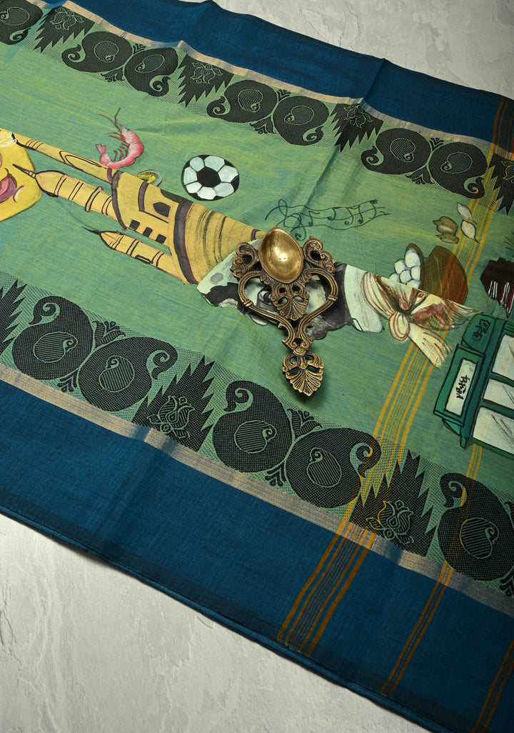 Green Dual tone Narayanpet Cotton Saree with City of Joy Hand-Painted Kolkata Themed on Pallu, No Blouse Piece