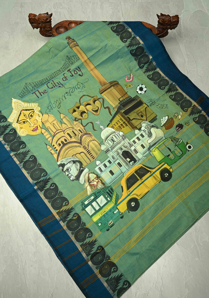 Green Dual tone Narayanpet Cotton Saree with City of Joy Hand-Painted Kolkata Themed on Pallu, No Blouse Piece