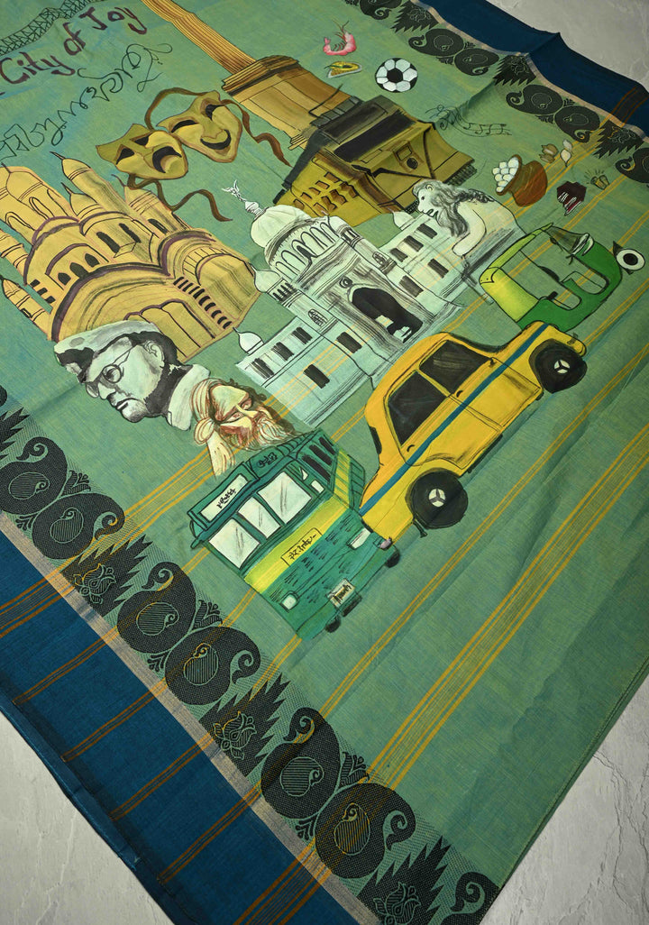 Green Dual tone Narayanpet Cotton Saree with City of Joy Hand-Painted Kolkata Themed on Pallu, No Blouse Piece