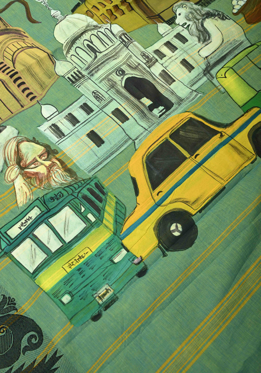 Green Dual tone Narayanpet Cotton Saree with City of Joy Hand-Painted Kolkata Themed on Pallu, No Blouse Piece