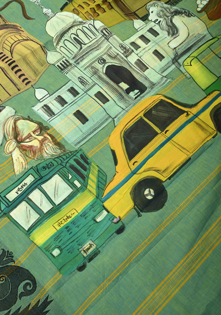 Green Dual tone Narayanpet Cotton Saree with City of Joy Hand-Painted Kolkata Themed on Pallu, No Blouse Piece