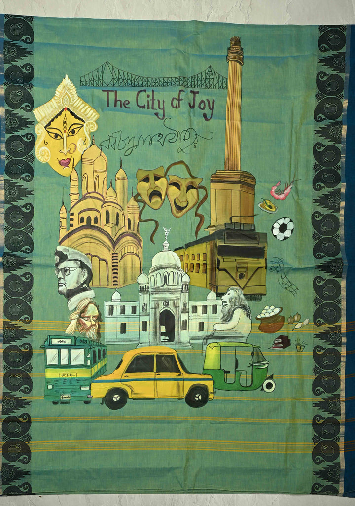 Green Dual tone Narayanpet Cotton Saree with City of Joy Hand-Painted Kolkata Themed on Pallu, No Blouse Piece