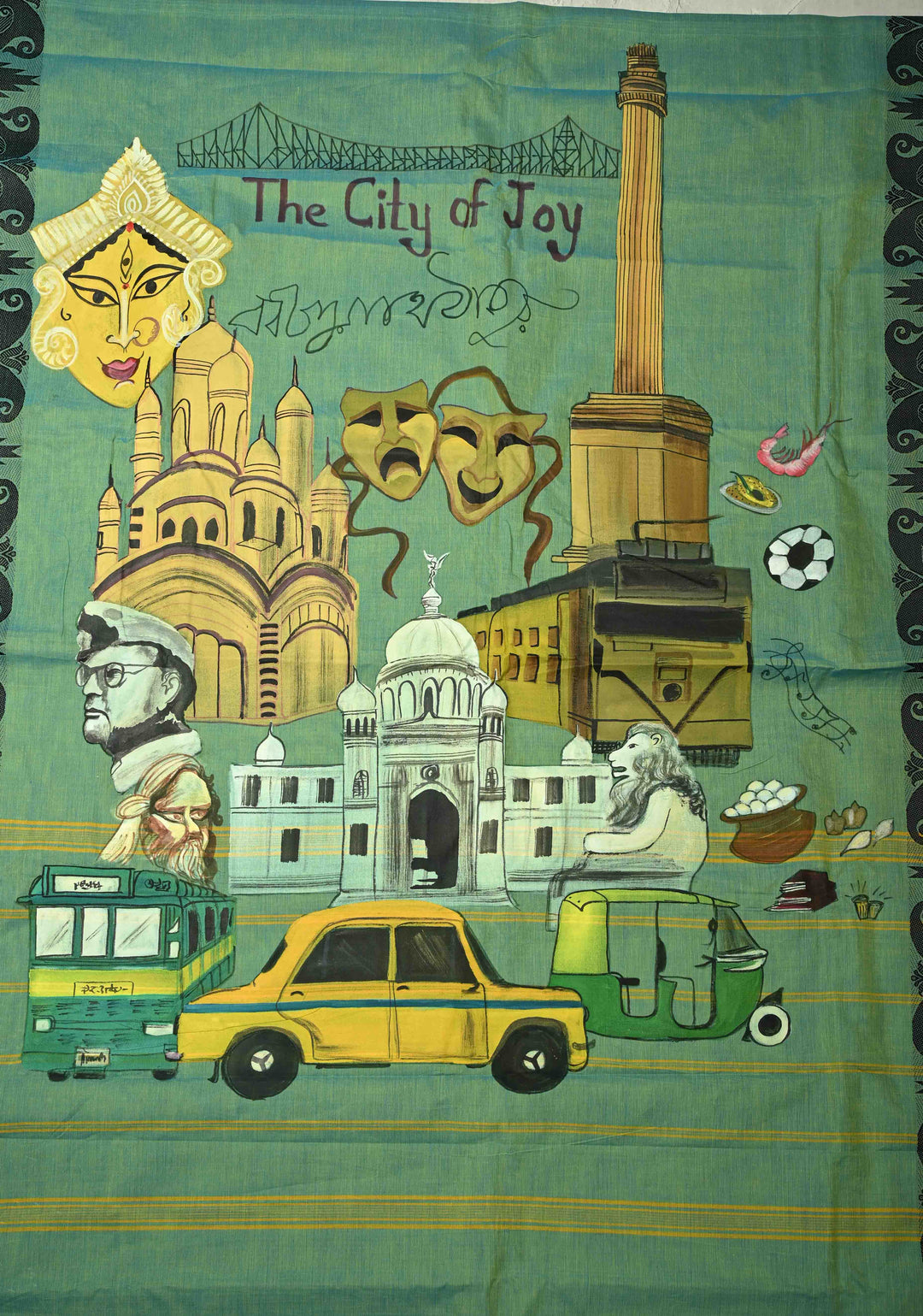 Green Dual tone Narayanpet Cotton Saree with City of Joy Hand-Painted Kolkata Themed on Pallu, No Blouse Piece