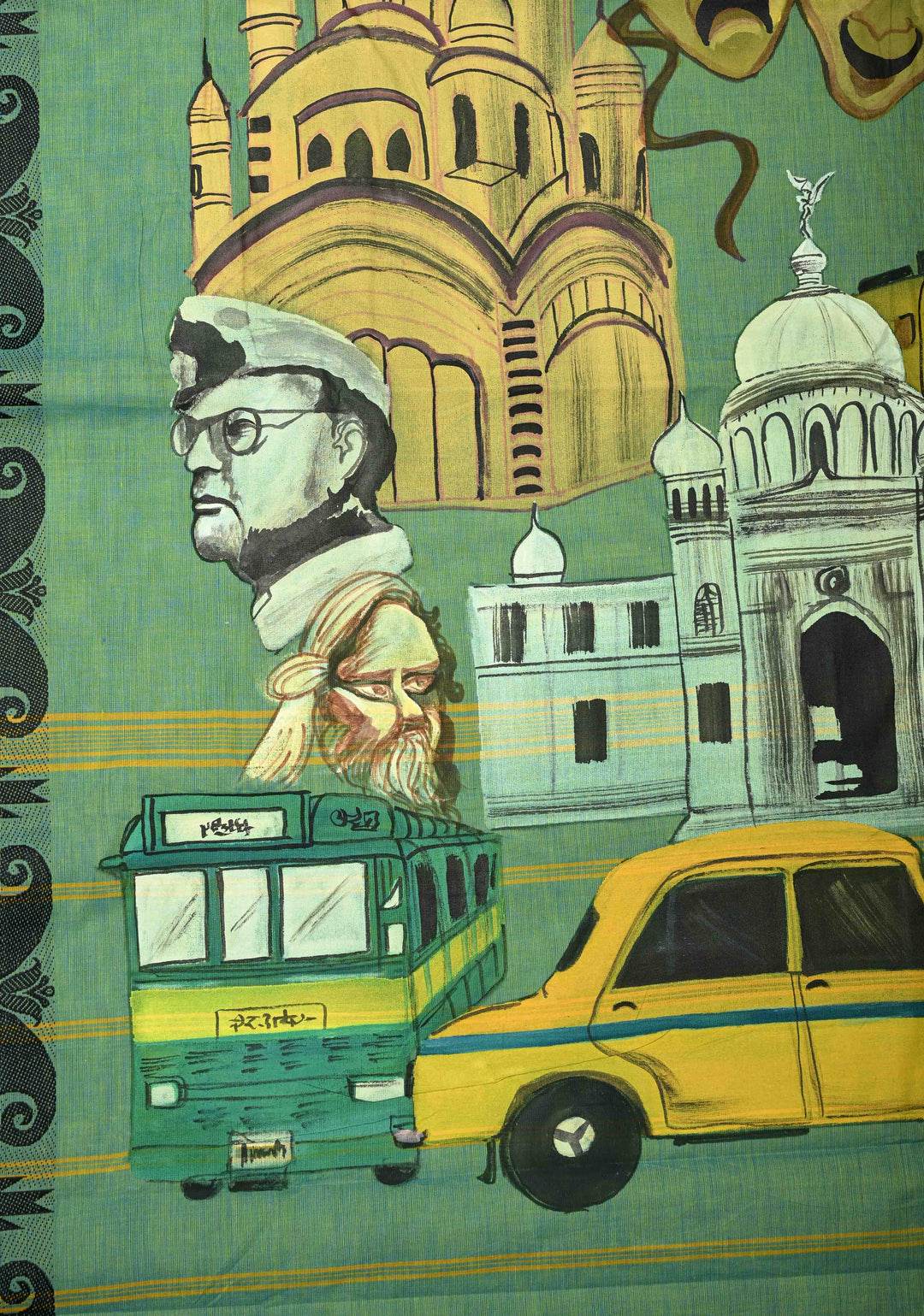 Green Dual tone Narayanpet Cotton Saree with City of Joy Hand-Painted Kolkata Themed on Pallu, No Blouse Piece