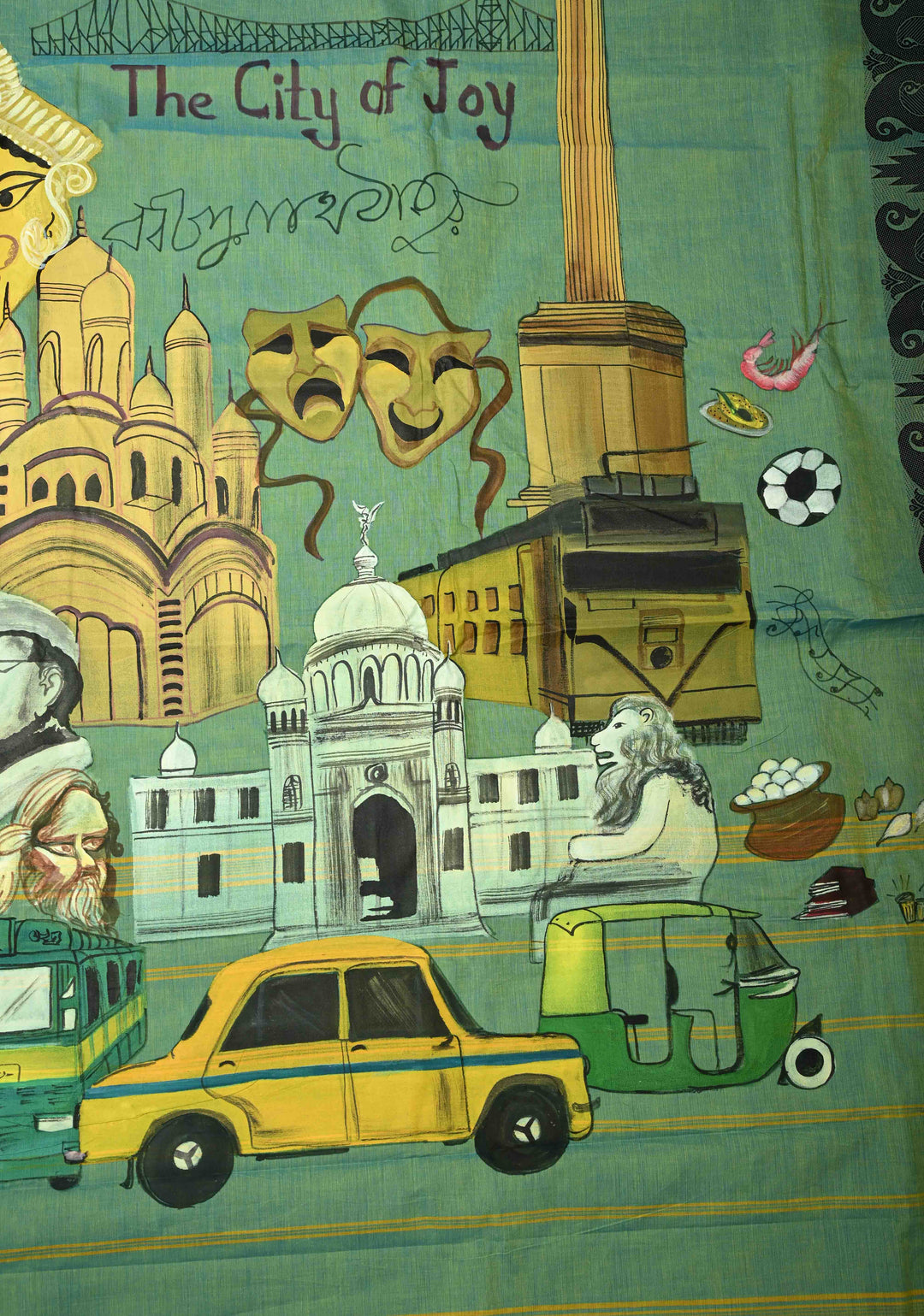 Green Dual tone Narayanpet Cotton Saree with City of Joy Hand-Painted Kolkata Themed on Pallu, No Blouse Piece