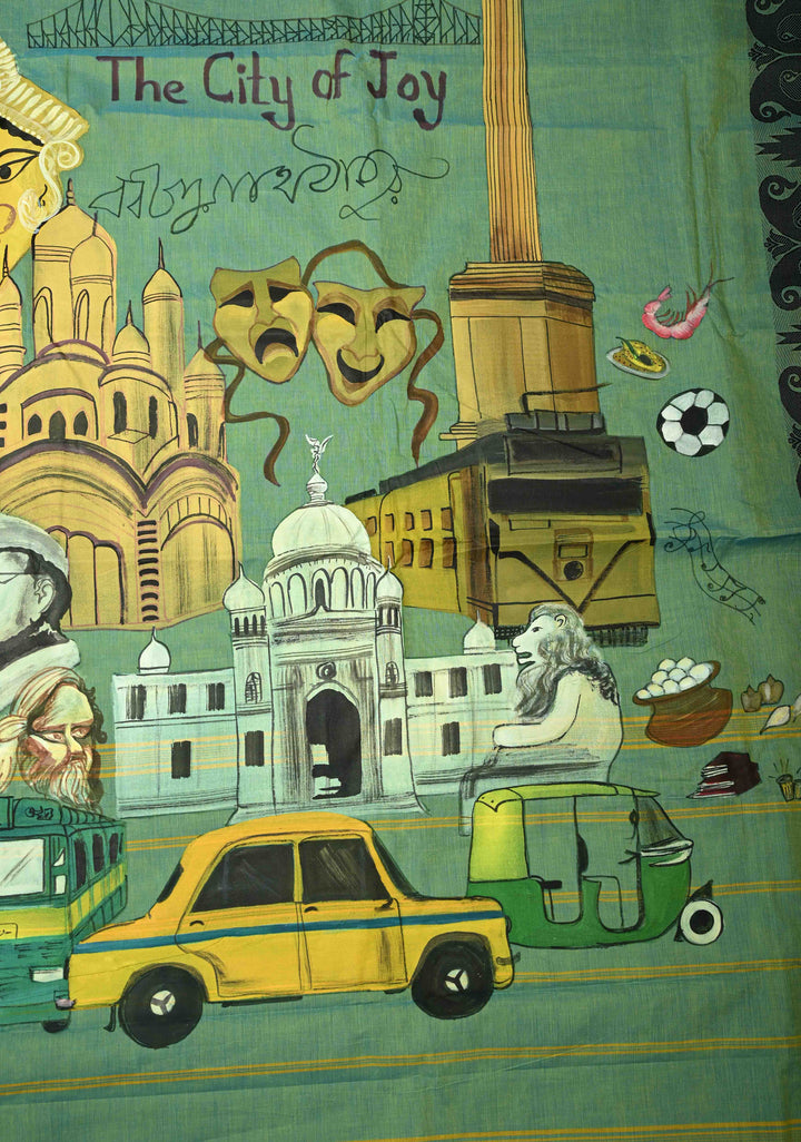 Green Dual tone Narayanpet Cotton Saree with City of Joy Hand-Painted Kolkata Themed on Pallu, No Blouse Piece