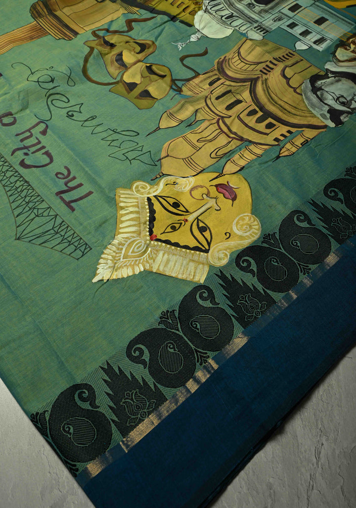 Green Dual tone Narayanpet Cotton Saree with City of Joy Hand-Painted Kolkata Themed on Pallu, No Blouse Piece