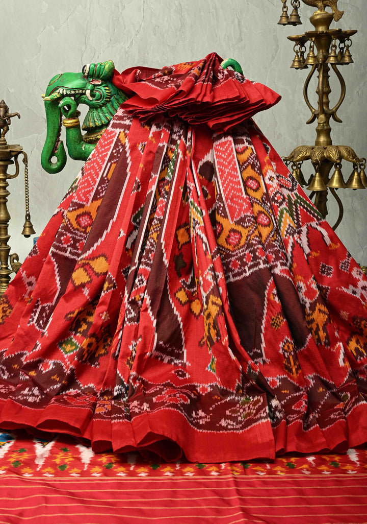 Red Pochampally Ikkat Pure Silk Saree with Ikkat Weave and Border | SILK MARK CERTIFIED