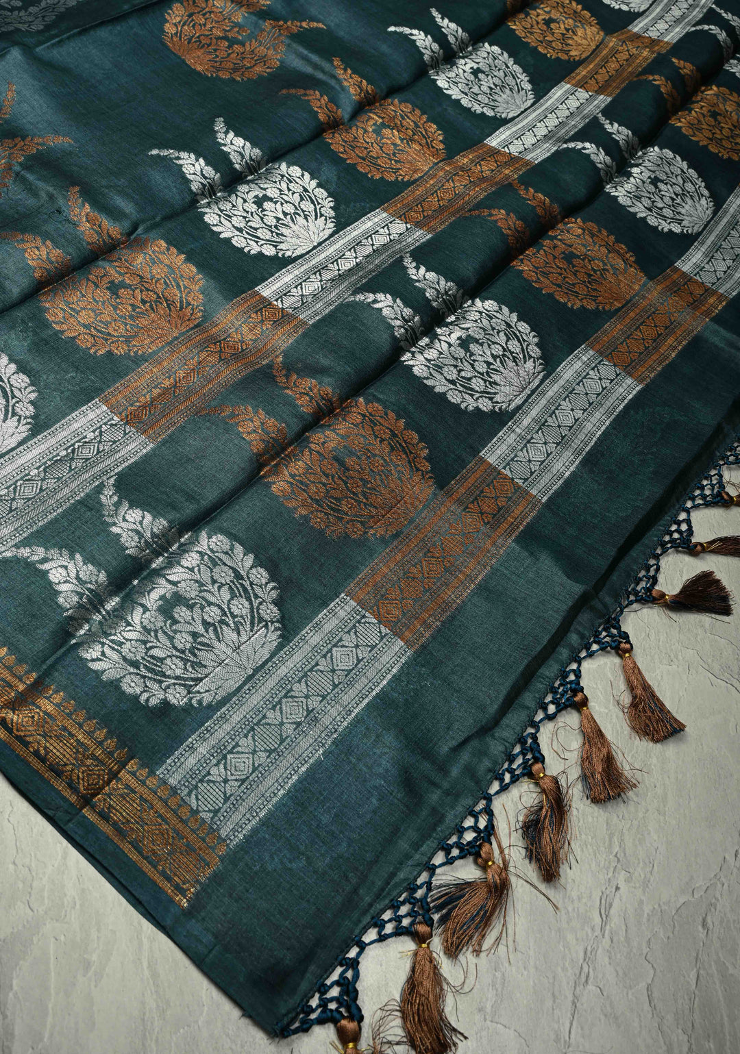 Dark Teal Banarasi Semi Tussar Saree with Sona Rupa Buttas and Minimal Zari Border