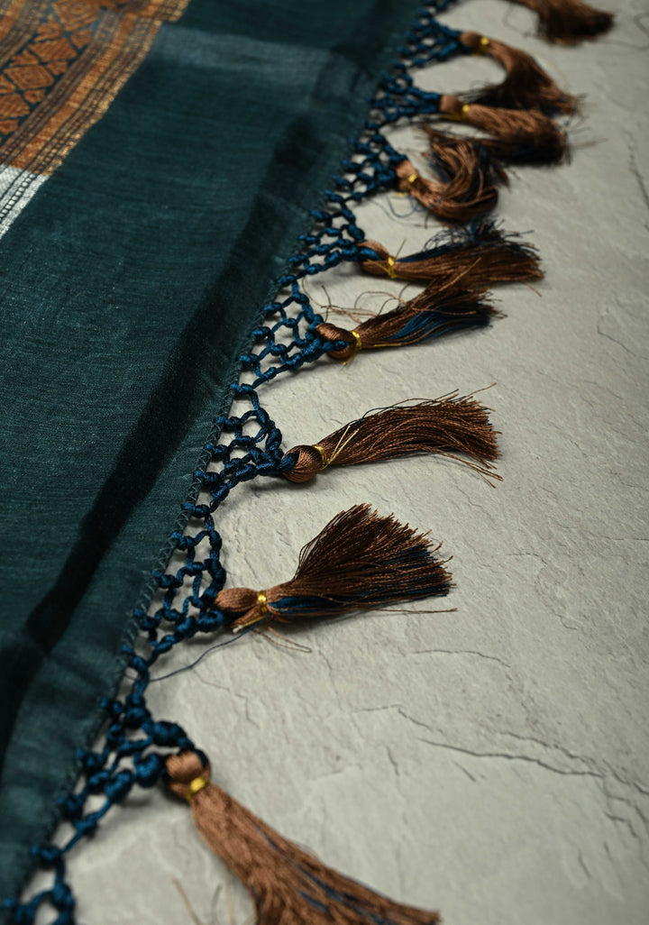 Dark Teal Banarasi Semi Tussar Saree with Sona Rupa Buttas and Minimal Zari Border