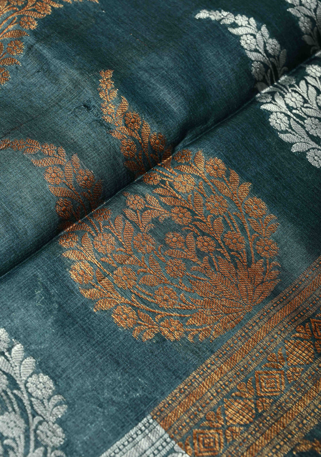 Dark Teal Banarasi Semi Tussar Saree with Sona Rupa Buttas and Minimal Zari Border