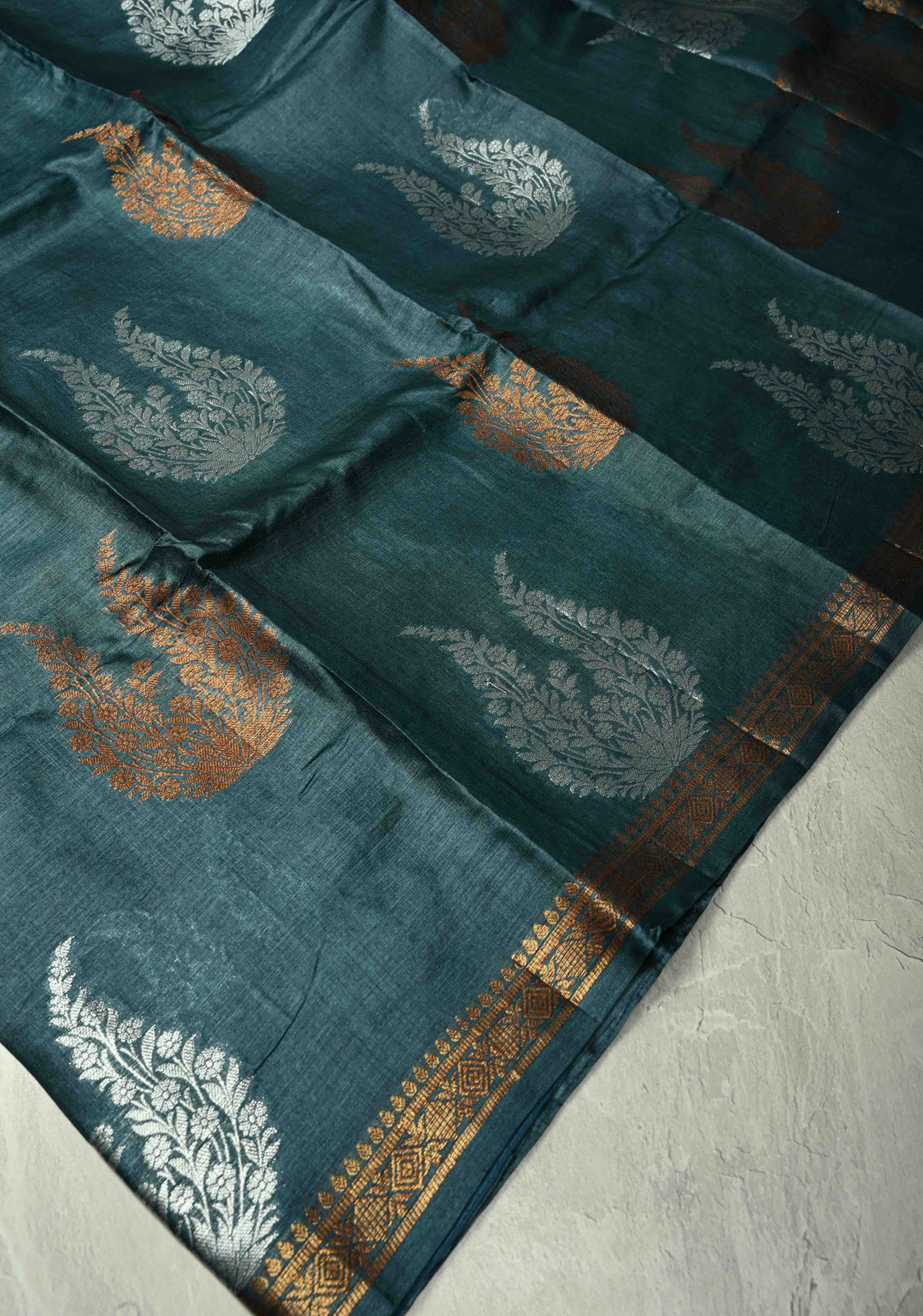 Dark Teal Banarasi Semi Tussar Saree with Sona Rupa Buttas and Minimal Zari Border