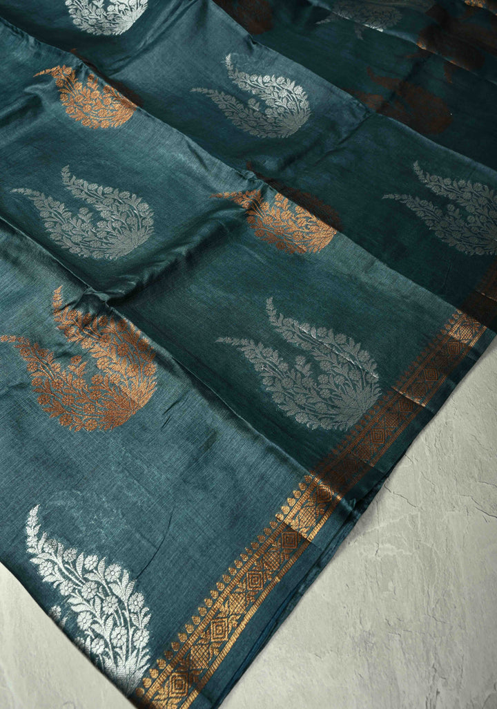 Dark Teal Banarasi Semi Tussar Saree with Sona Rupa Buttas and Minimal Zari Border