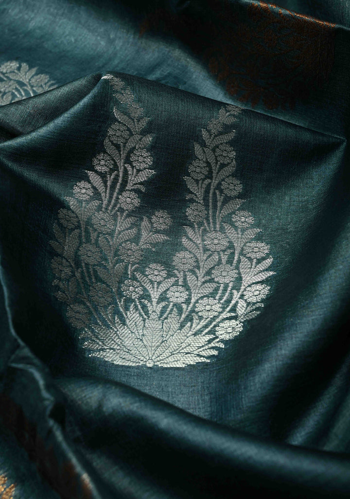 Dark Teal Banarasi Semi Tussar Saree with Sona Rupa Buttas and Minimal Zari Border