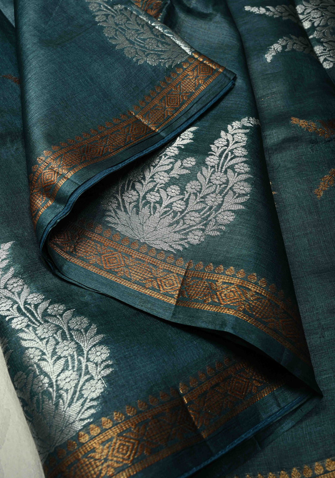 Dark Teal Banarasi Semi Tussar Saree with Sona Rupa Buttas and Minimal Zari Border