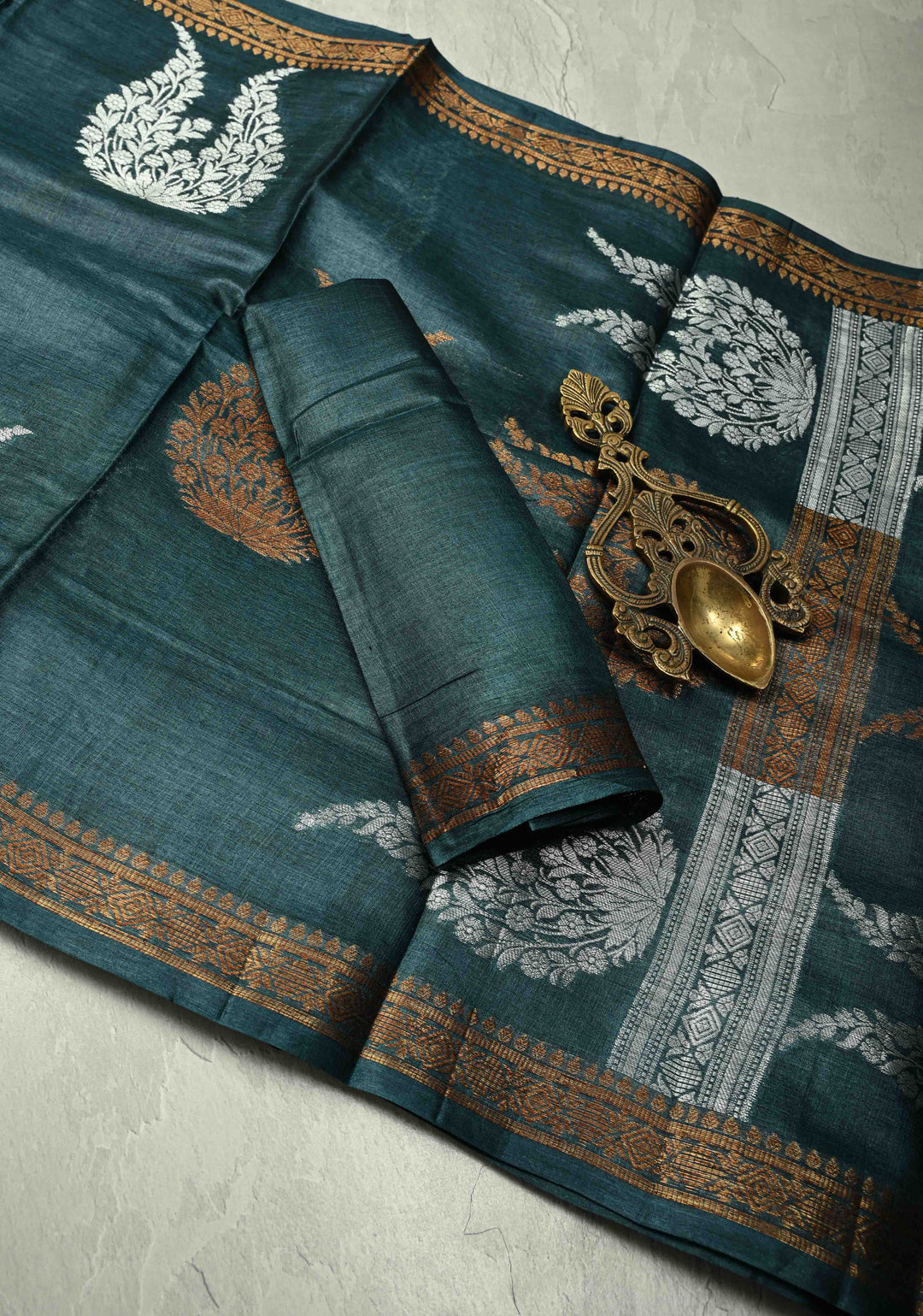 Dark Teal Banarasi Semi Tussar Saree with Sona Rupa Buttas and Minimal Zari Border