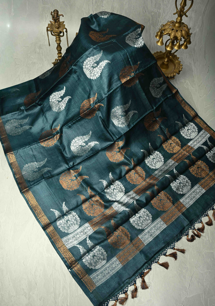 Dark Teal Banarasi Semi Tussar Saree with Sona Rupa Buttas and Minimal Zari Border