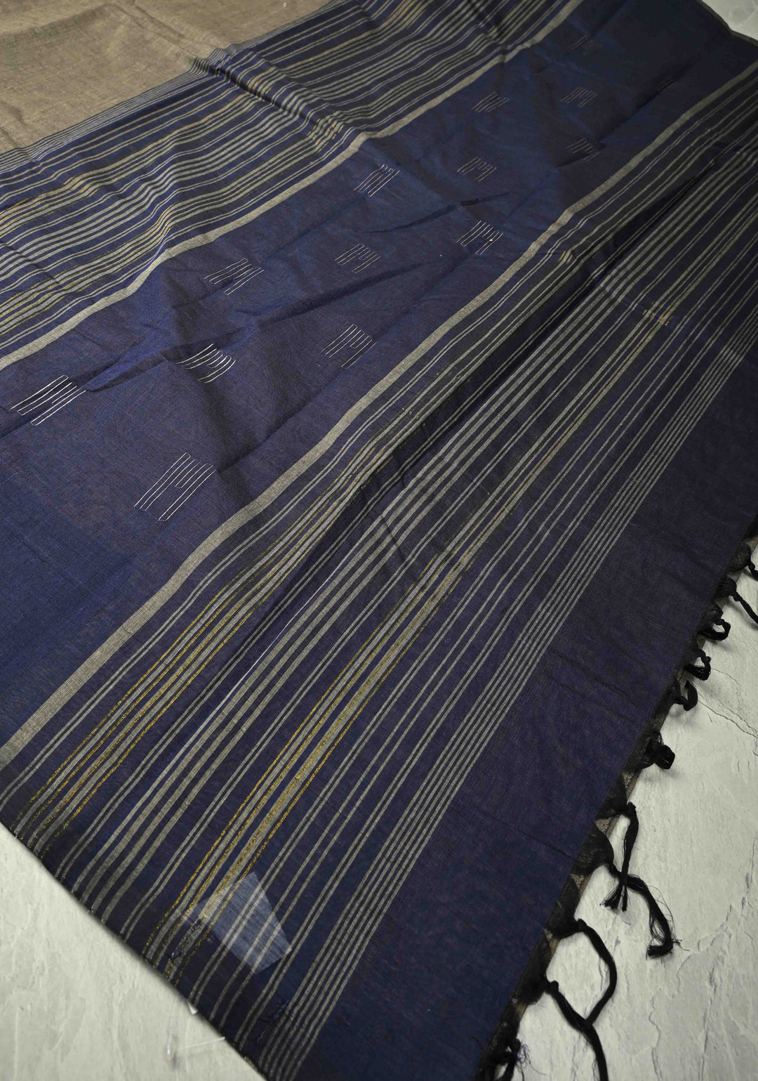 Dark Gray Cotton Saree with Muted Buttas and Contrast Pallu