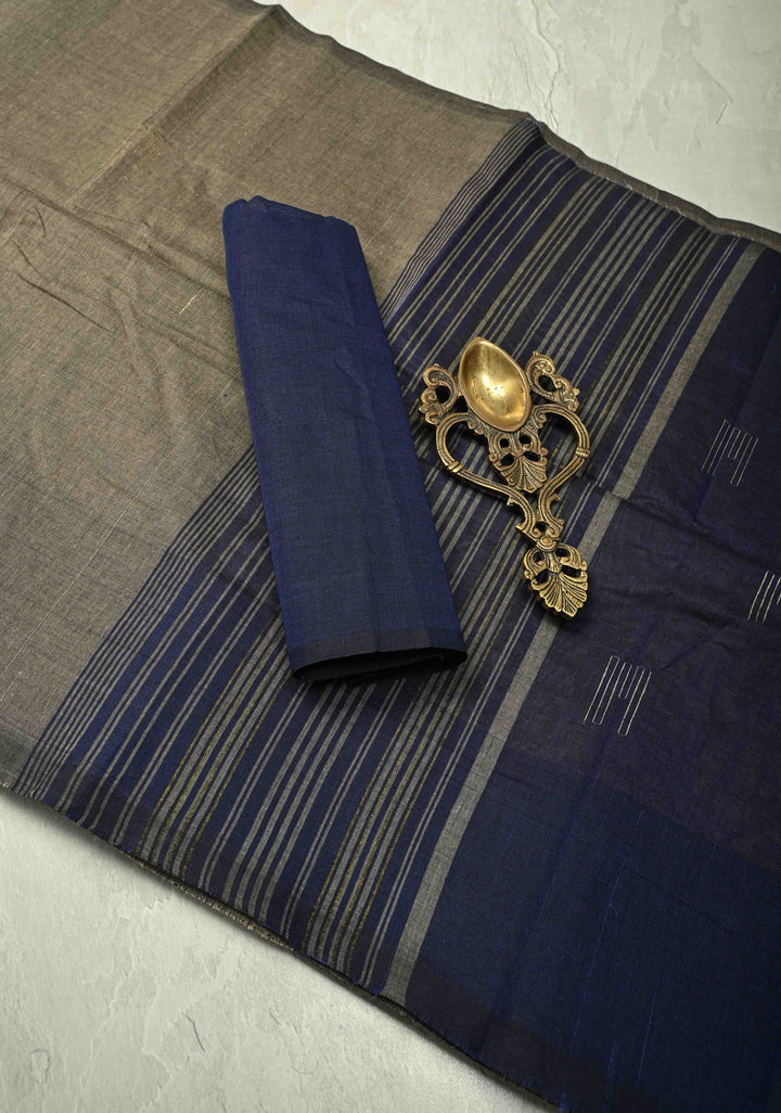 Dark Gray Cotton Saree with Muted Buttas and Contrast Pallu