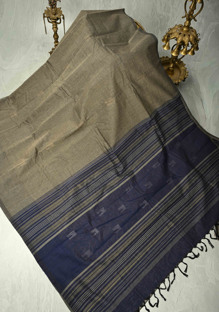 Dark Gray Cotton Saree with Muted Buttas and Contrast Pallu