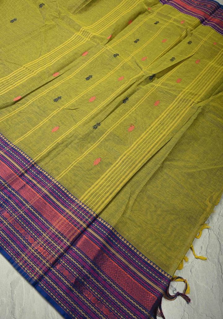 Mehendi Green Kanchi Cotton Saree with Meenakari Resham Buttas and Contrast Veldhari Stripes Border, No Blouse Piece