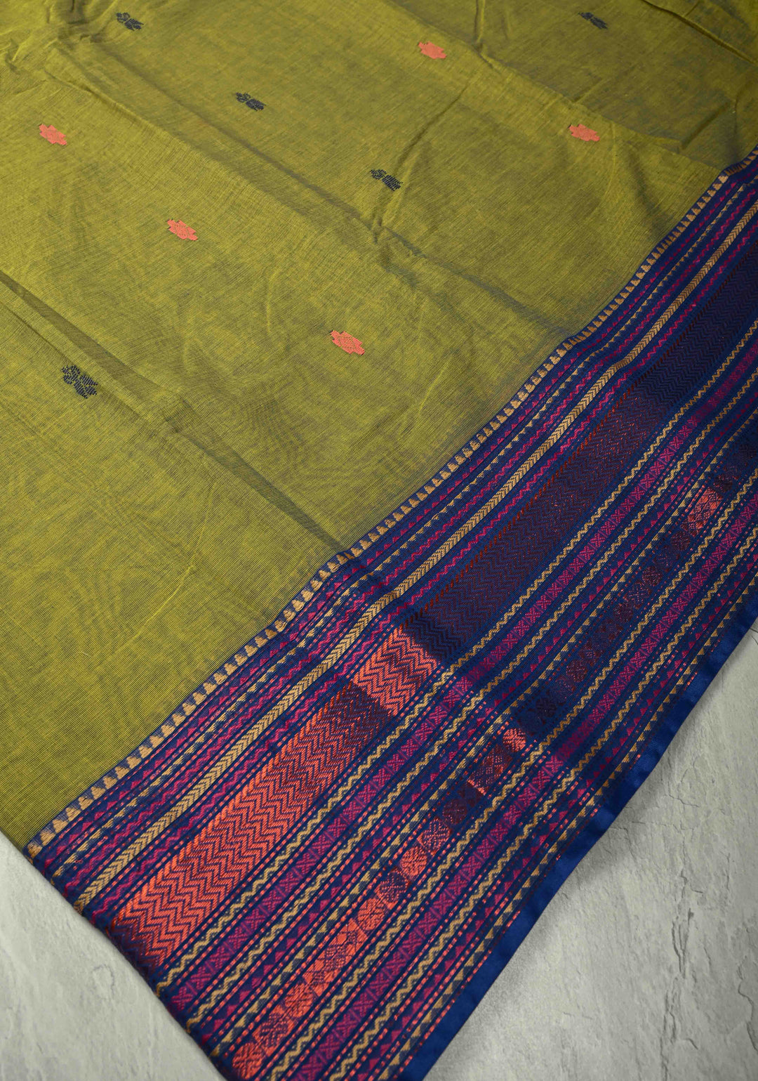 Mehendi Green Kanchi Cotton Saree with Meenakari Resham Buttas and Contrast Veldhari Stripes Border, No Blouse Piece