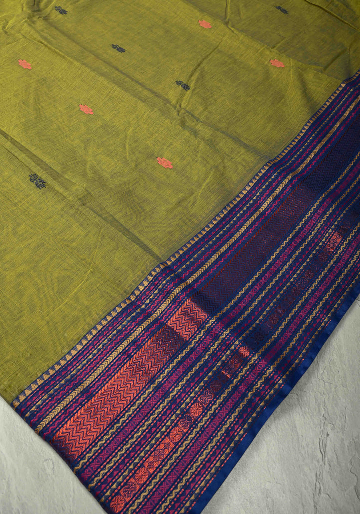 Mehendi Green Kanchi Cotton Saree with Meenakari Resham Buttas and Contrast Veldhari Stripes Border, No Blouse Piece