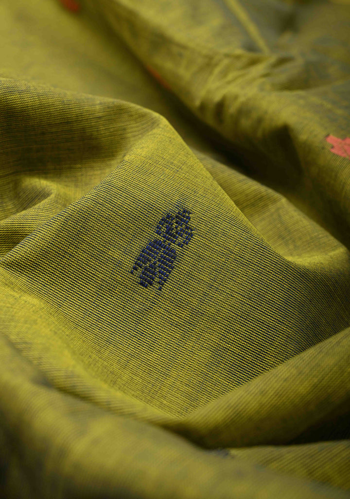 Mehendi Green Kanchi Cotton Saree with Meenakari Resham Buttas and Contrast Veldhari Stripes Border, No Blouse Piece