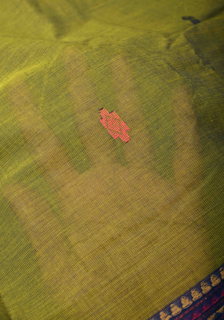 Mehendi Green Kanchi Cotton Saree with Meenakari Resham Buttas and Contrast Veldhari Stripes Border, No Blouse Piece