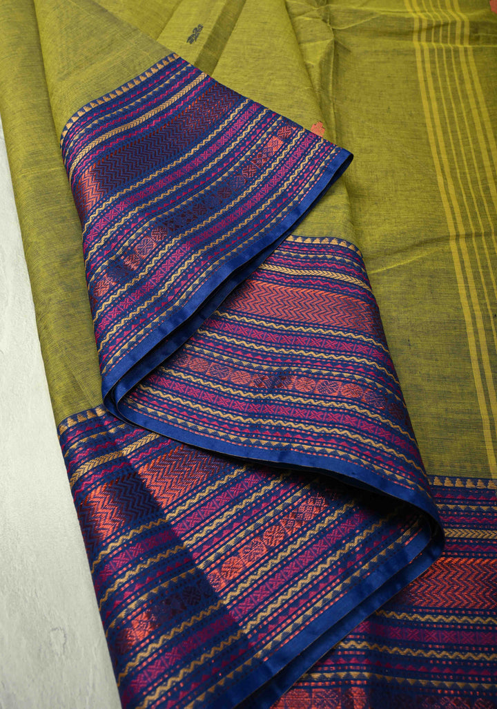 Mehendi Green Kanchi Cotton Saree with Meenakari Resham Buttas and Contrast Veldhari Stripes Border, No Blouse Piece