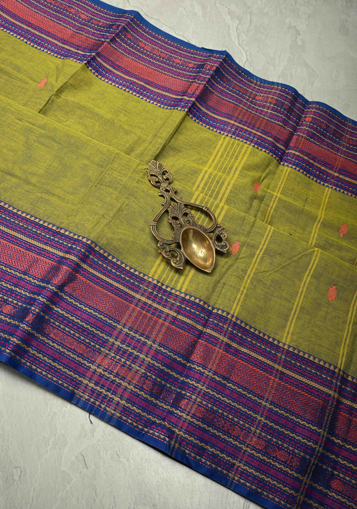 Mehendi Green Kanchi Cotton Saree with Meenakari Resham Buttas and Contrast Veldhari Stripes Border, No Blouse Piece