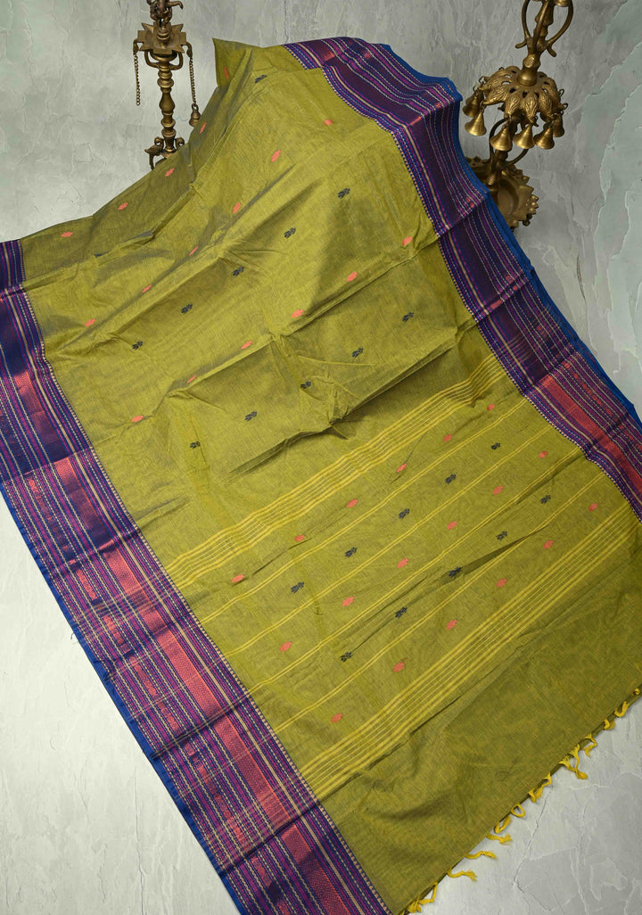Mehendi Green Kanchi Cotton Saree with Meenakari Resham Buttas and Contrast Veldhari Stripes Border, No Blouse Piece
