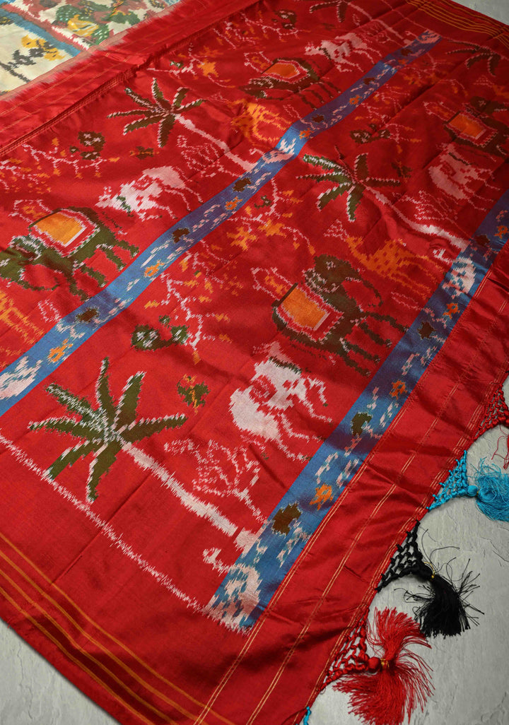 Ivory Pochampally Ikkat Pure Silk Saree with  Black Panel on Contrast Border  | SILK MARK CERTIFIED