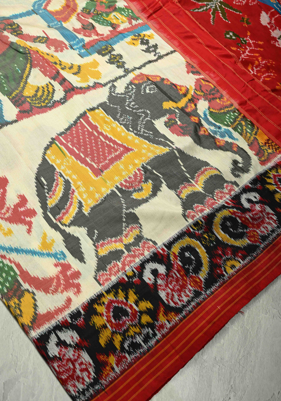 Ivory Pochampally Ikkat Pure Silk Saree with  Black Panel on Contrast Border  | SILK MARK CERTIFIED