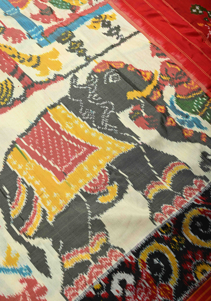 Ivory Pochampally Ikkat Pure Silk Saree with  Black Panel on Contrast Border  | SILK MARK CERTIFIED