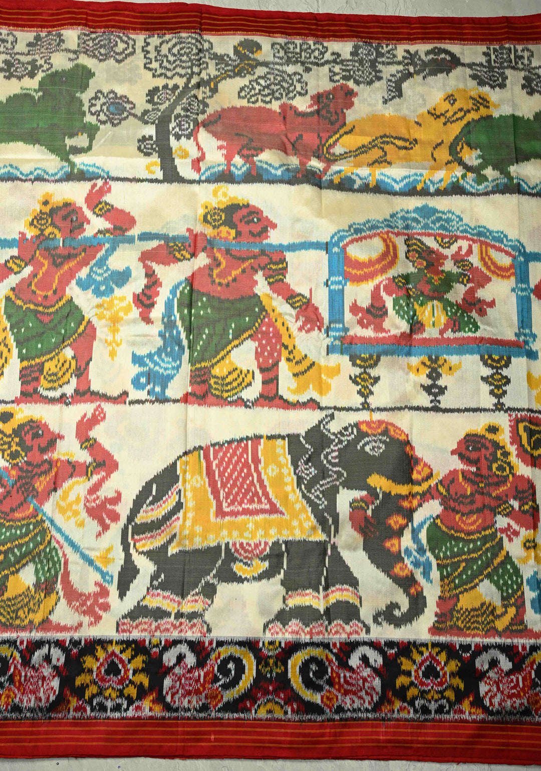 Ivory Pochampally Ikkat Pure Silk Saree with  Black Panel on Contrast Border  | SILK MARK CERTIFIED