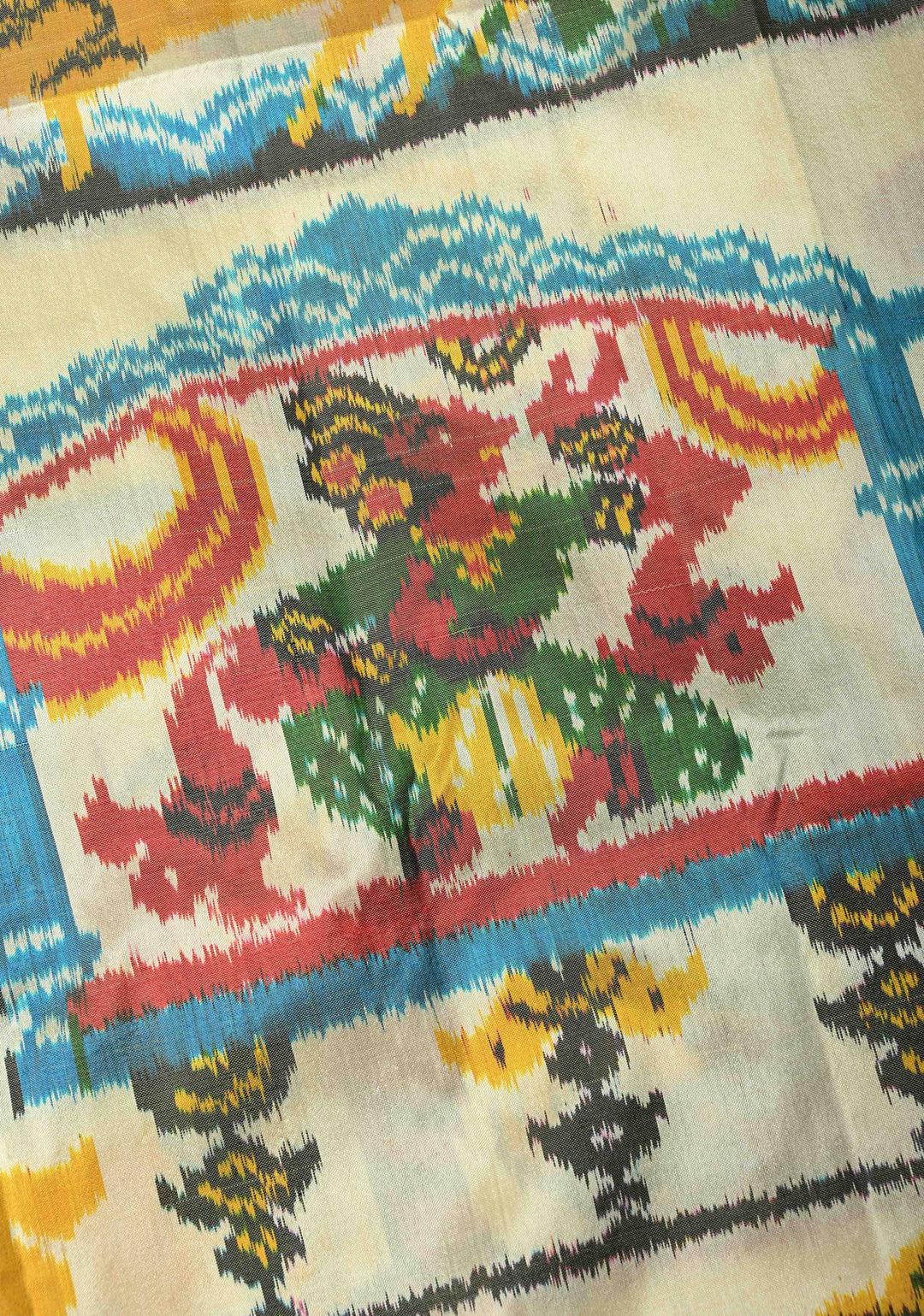 Ivory Pochampally Ikkat Pure Silk Saree with  Black Panel on Contrast Border  | SILK MARK CERTIFIED