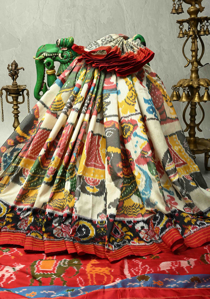 Ivory Pochampally Ikkat Pure Silk Saree with  Black Panel on Contrast Border  | SILK MARK CERTIFIED