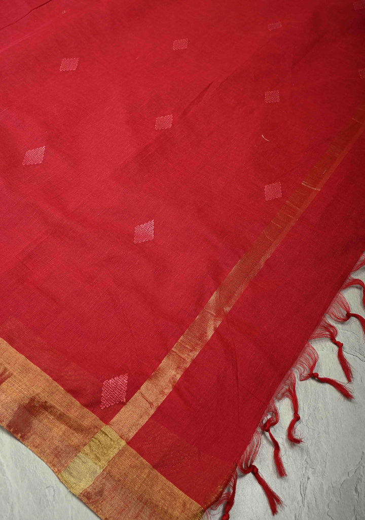Red Mercerized Cotton Saree with Resham Butta and Zari Border, No Blouse Piece | SHOBITAM