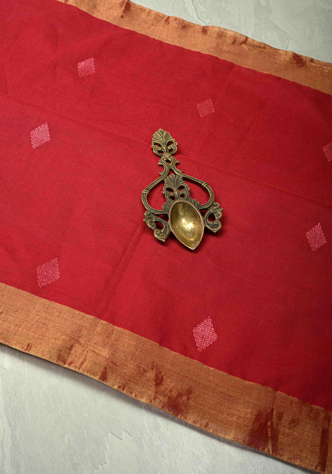 Red Mercerized Cotton Saree with Resham Butta and Zari Border, No Blouse Piece | SHOBITAM