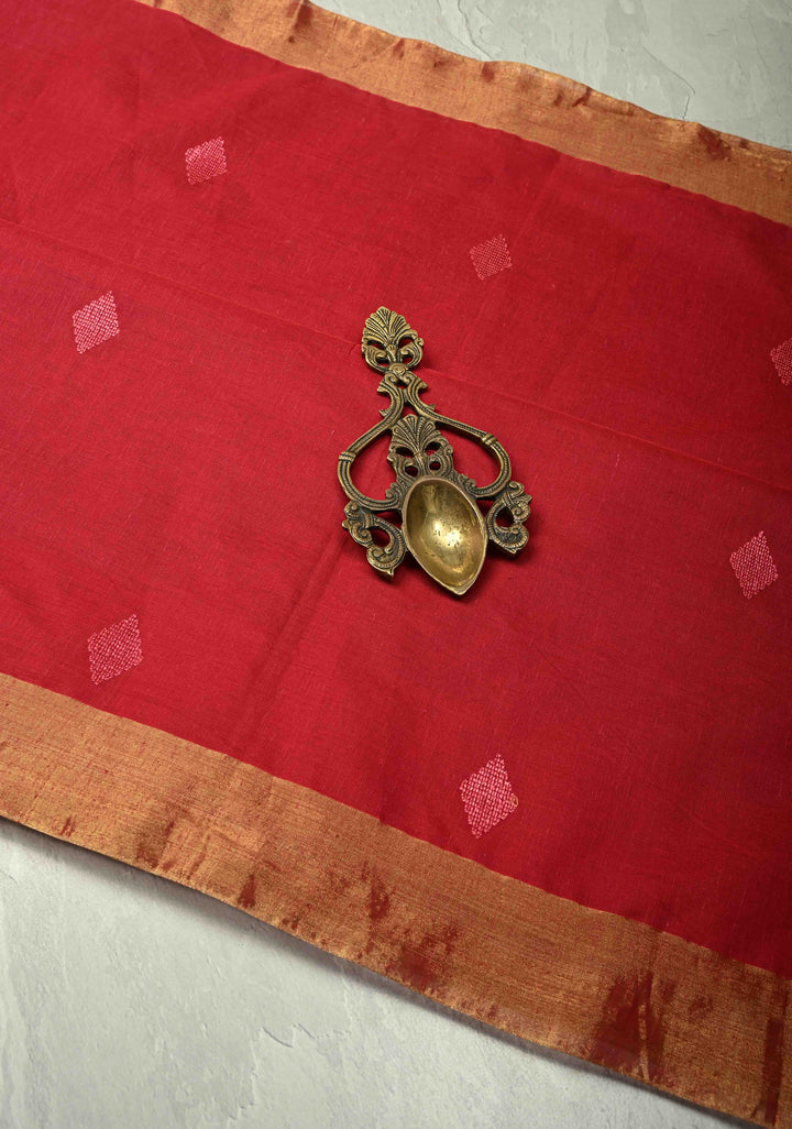 Red Mercerized Cotton Saree with Resham Butta and Zari Border, No Blouse Piece | SHOBITAM